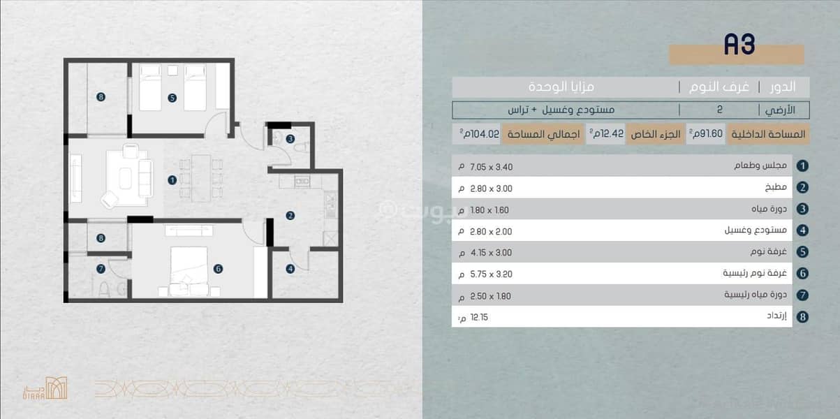 شقة للبيع بـ2 غرف في Al Narjis، الرياض مساحة 91 م²